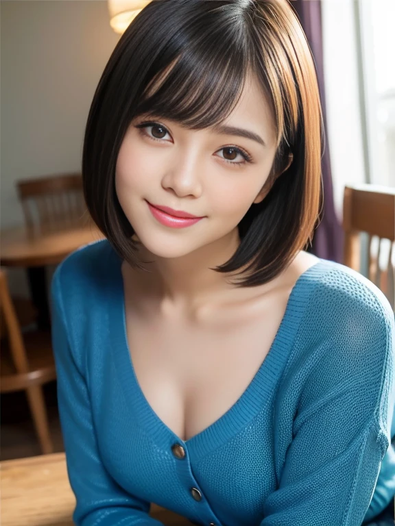 (highest quality: 1.5)、(Real: 1.5)、(1 person: 1.5)、tableトップ、(Leaning forward)、(Her bra is slightly visible through her open-chested sweater.)、(A low-cut sweater revealing a bit of her lacy bra)、Very detailed、High resolution、Small breasts、Natural color lips、Cute smile、Japanese women、20 year old girl、Thin eyebrows、Beautiful and elegant face、cute顔、cute目、Big eyes、Fair skin、Beautiful and elegant face、Natural Bangs、Beautiful and thin nose、Beautiful Skin、Medium Bob Hair、Short Hair、Natural Bangs、Perfect and beautiful face、Slim face and figure、(Looking at the camera with a cute expression)、(Bright lighting)、Professional Lighting、 (Lighting from the front)、Natural smile、Beautiful clavicle、cute胸の谷間、Natural smile、cute、Brightly lit cafe、table、The bra is a little visible、