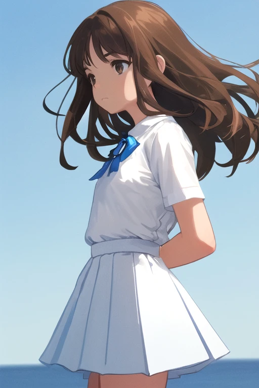 1girl, solo, standing upright, from front, medium brown hair, closed mouth, small breasts, flat chest, arms behind back, white shirt, blue pleated skirt, blue sky,