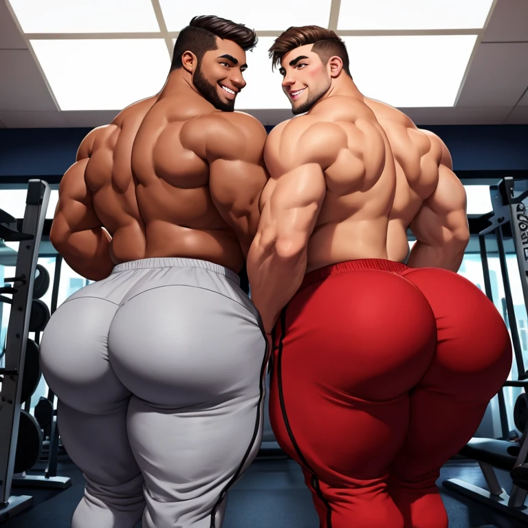 Two male college football players, muscular, jocks, at the gym, athletic, shirtless, dark brown hair, wearing grey sweatpants, big butt, huge ass, curvy men, comically massive ass, bubblebutt, thick, thicc, thick ass, thick legs, thick thighs, huge butt cheeks, ass huge, showing butt to camera, smiling, looking back at camera, big booty, boy booty, men with huge butts, men in grey sweatpants, showing off ass, absolutely massive butt, enormous ass cheeks in grey sweatpants, full ass, round ass, juicy ass, expansive ass, tight sweatpants, filled sweatpants, perky fat butt cheeks, gay for each other, gay, homosexual