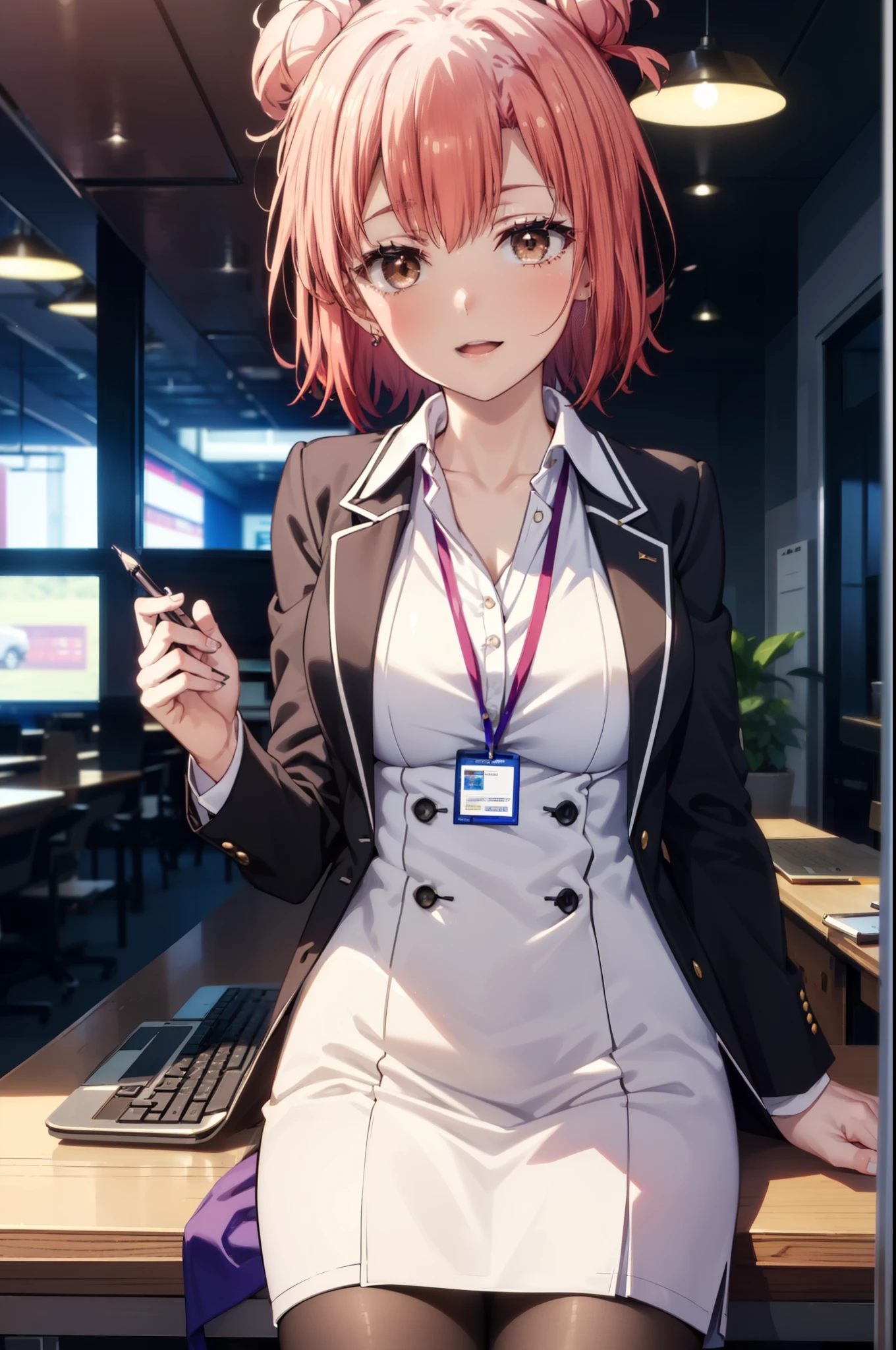 yuiyuigahama, yui yuigahama, short hair, (Brown eyes:1.5), (Pink Hair:1.2), Hair Bun, single Hair Bun, smile, (Big Breasts:1.2),happy smile, smile, Open your mouth,
, OL, Black suit jacket, Collared jacket, White dress shirt, Collared shirt, Neckline, button, strap, ID card on the neck, Black pencil skirt, Black pantyhose, Stiletto heels,interior,sitting cross-legged on a chair、There is a computer on the table,touch typing,interior昼間,Clear skies,
break indoors ,office,　　　　　　　　　　　　　　　break looking at viewer, (Cowboy Shot:1.5),
break (masterpiece:1.2), highest quality, High resolution, unity 8k wallpaper, (shape:0.8), (Fine and beautiful eyes:1.6), Highly detailed face, Perfect lighting, Highly detailed CG, (Perfect hands, Perfect Anatomy),