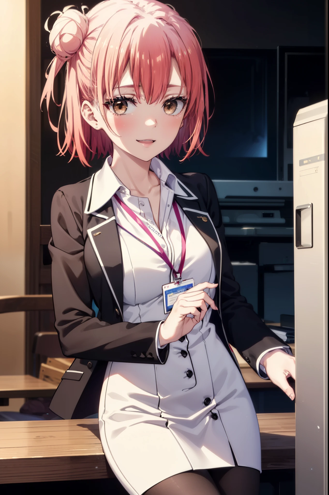 yuiyuigahama, yui yuigahama, short hair, (Brown eyes:1.5), (Pink Hair:1.2), Hair Bun, single Hair Bun, smile, (Big Breasts:1.2),happy smile, smile, Open your mouth,
, OL, Black suit jacket, Collared jacket, White dress shirt, Collared shirt, Neckline, button, strap, ID card on the neck, Black pencil skirt, Black pantyhose, Stiletto heels,interior,sitting cross-legged on a chair、There is a computer on the table,touch typing,interior昼間,Clear skies,
break indoors ,office,　　　　　　　　　　　　　　　break looking at viewer, (Cowboy Shot:1.5),
break (masterpiece:1.2), highest quality, High resolution, unity 8k wallpaper, (shape:0.8), (Fine and beautiful eyes:1.6), Highly detailed face, Perfect lighting, Highly detailed CG, (Perfect hands, Perfect Anatomy),