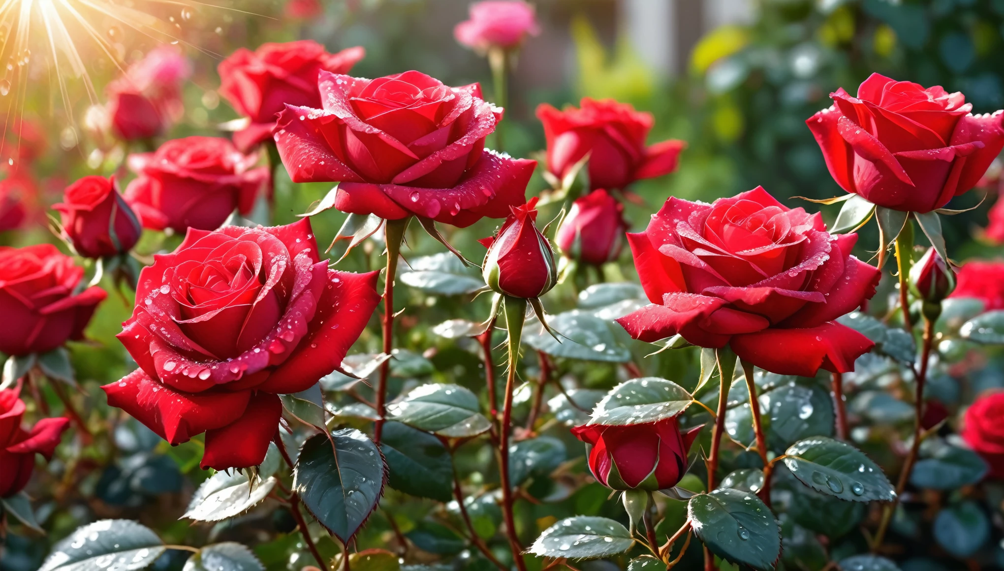Many red color rose flowers in the garden and sunlight with bokeh, dew drops on flower petals (masterpiece, ultra quality, high resolution, 8k, intricate: 1.2), (masterpiece), (best quality:1)