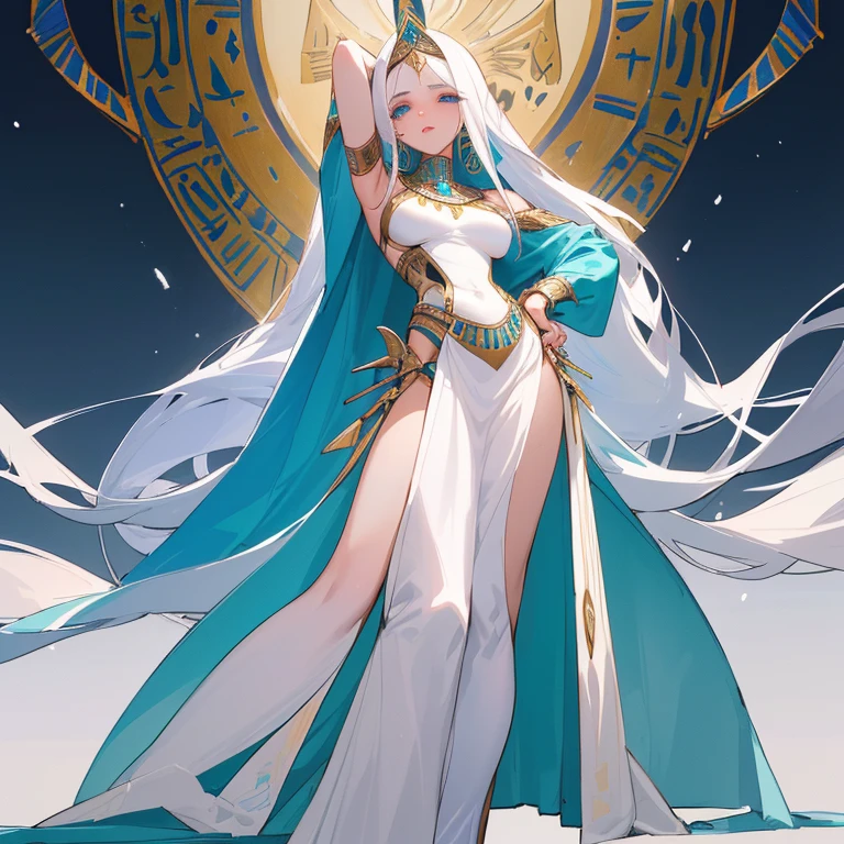 Long, waist-length platinum hair with stunning piercing blue eyes with snow-white skin, corpo magro sexy , peito grandes , no facial expression, sexy, pouca roupa , curvas sexuais, egyptian goddess outfit, olhando para frente, STANDING, de frente, showing from head to toe, sensual, olhando para o espectadorpostura ereta, with shoulders back and head up, directing the gaze directly at you in the image. Sexy , sensual, pouca roupa, Egyptian outfit, convidando o expectador