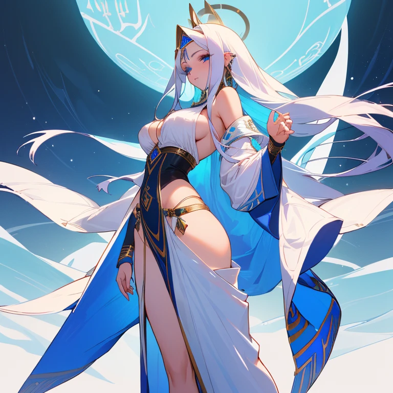Long, waist-length platinum hair with stunning piercing blue eyes with snow-white skin, corpo magro sexy , peito grandes , no facial expression, sexy, pouca roupa , curvas sexuais, egyptian goddess outfit, olhando para frente, STANDING, de frente, showing from head to toe, sensual, olhando para o espectadorpostura ereta, with shoulders back and head up, directing the gaze directly at you in the image. Sexy , sensual, pouca roupa, Egyptian outfit, convidando o expectador
