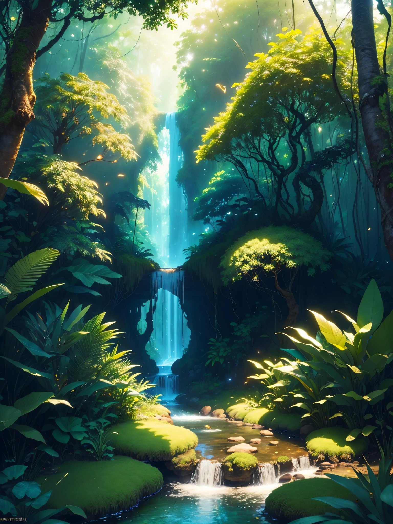 masterpiece, best quality, (Very detailed CG Unity 8k wallpaper), (Best Illustration), (Best shadows), Jungle theme natural elements. As the perspective changes, The whole picture shows different levels of green. The big trees are located on the left side of the picture, A peaceful stream flows in the middle. There are mysterious passages made of leaves and branches on both sides of the stream, Surrounded by fireflies and particle effects. The whole picture adds the aura of the jungle, (