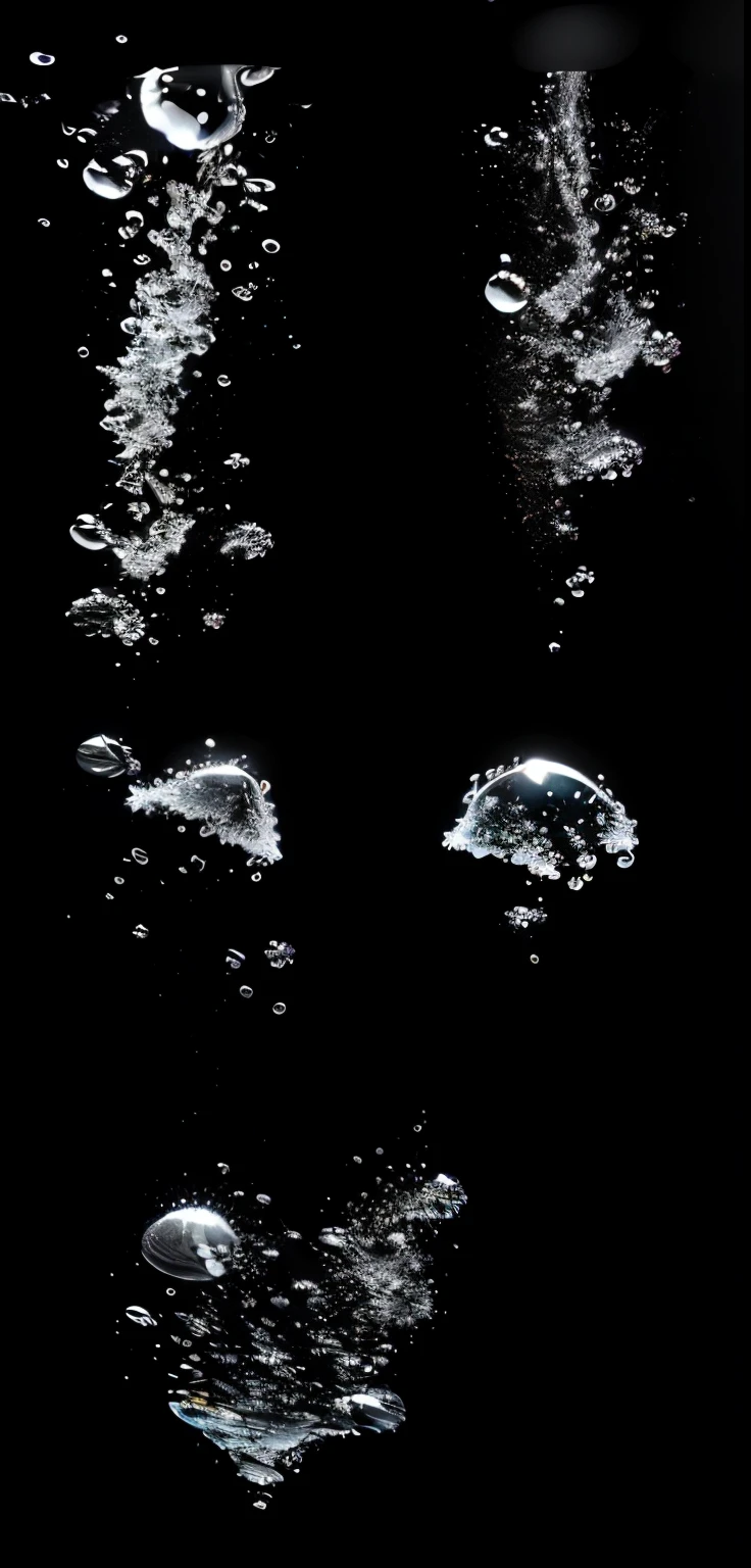 a close up of a black and white photo of Water bubbles, water particles, Water particles, Water bubbles, Blackwater background, Water Drop, Splash, Droplet landing, underWater bubbles, water Splash