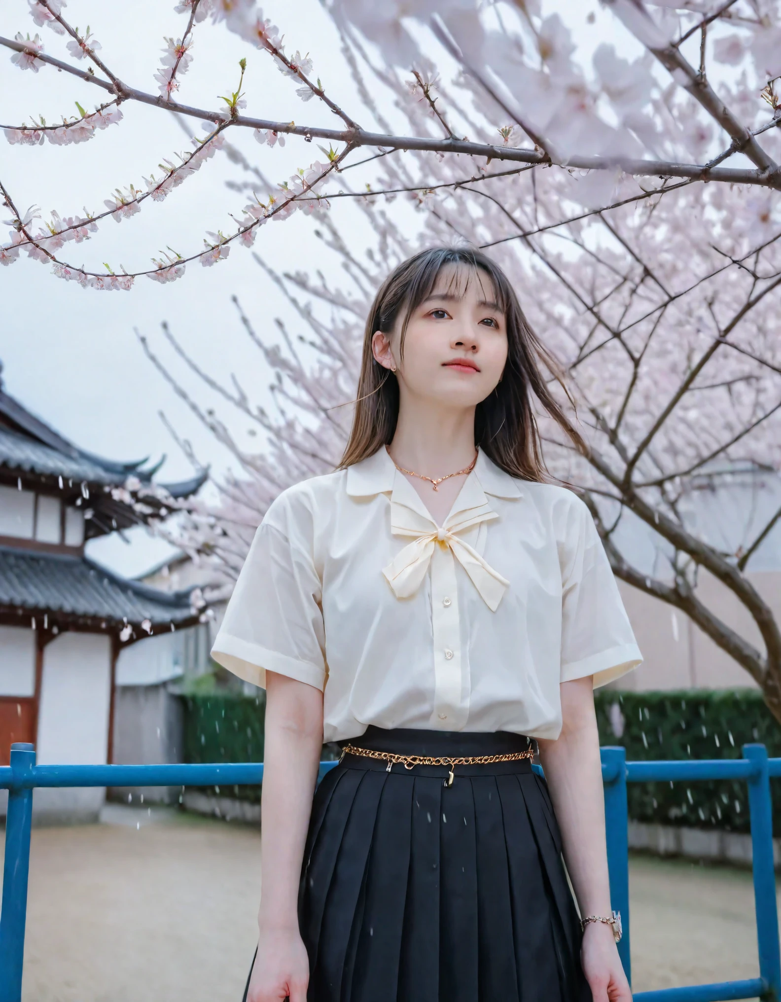 Cinematic photo,springtime, low angle shot, vibrant and detailed. A young girl with long hair, dressed in a black pleated skirt and short-sleeved shirt, standing under a cherry blossom tree. The scene is set outdoors with gentle rain and scattered cherry blossom petals. The background features a chain-link fence and a building, creating a contrast between urban and natural elements. Soft, diffused lighting, Sony camera, 35mm lens, F1.4 aperture.