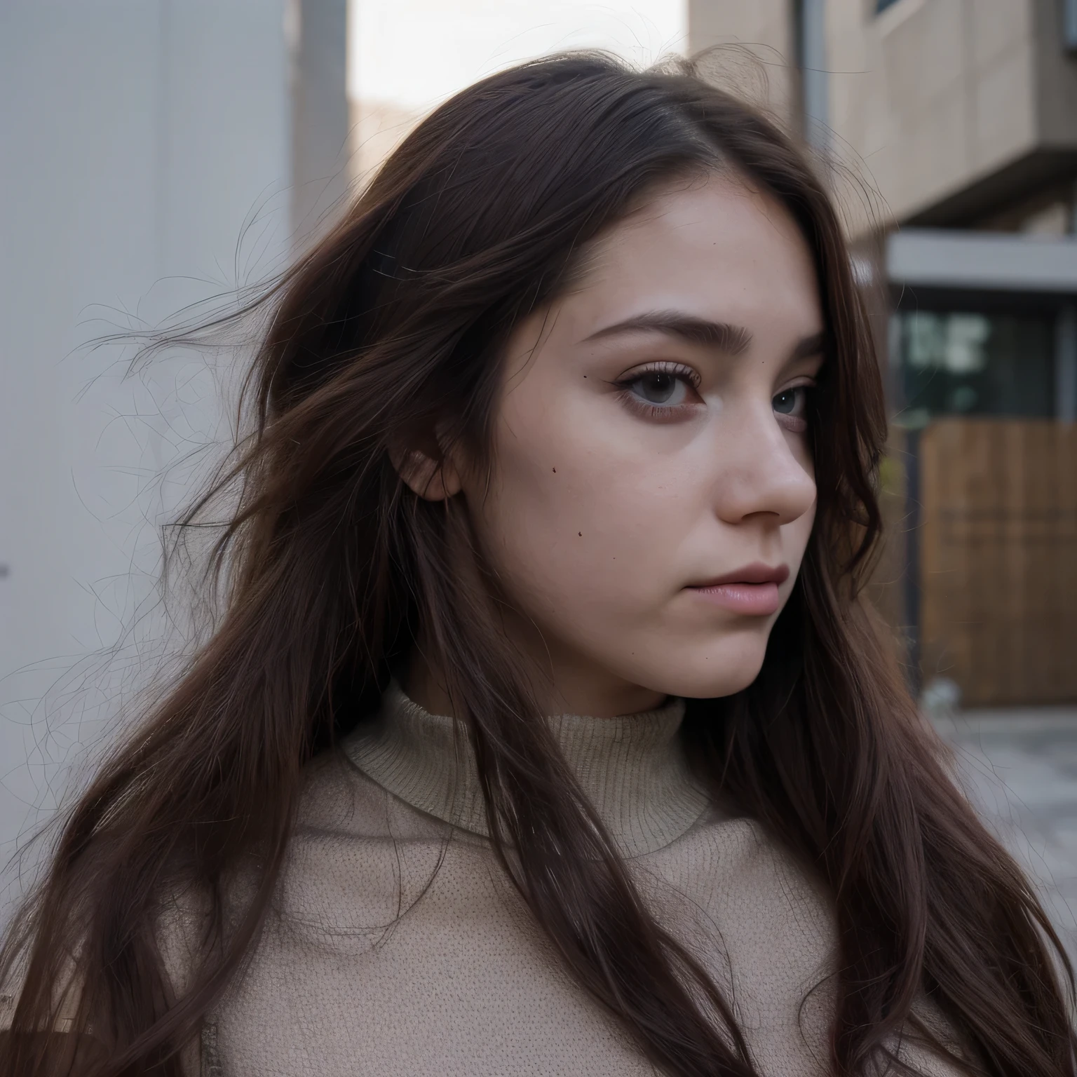 Photo of a college student, Purple Pink, Futuristic space suit, (freckle:0.8) Cute face, Science Fiction, Dystopia, Delicate eyes, Green pupils((side view))Flowing long hair,Jump,be born,Burgundy hair