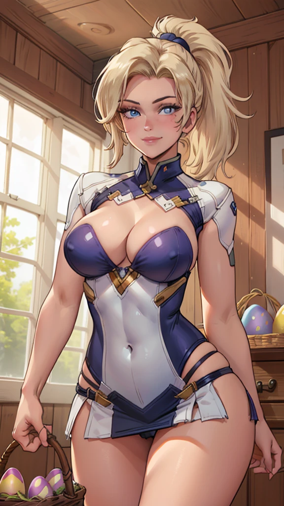 1 girl,(solo), (cowboy shot:1.4), (masterpiece:1.2), (best quality:1.2),looking at viewer,dynamic pose, (ultra detailed),realistic, perfect eyes,blue eyes,short blonde hair,high short ponytail,Mercy, curvy,smile, cleavage,(rabbit bikini ),(rabbit ears),(Easter eggs basket),micro skirt,