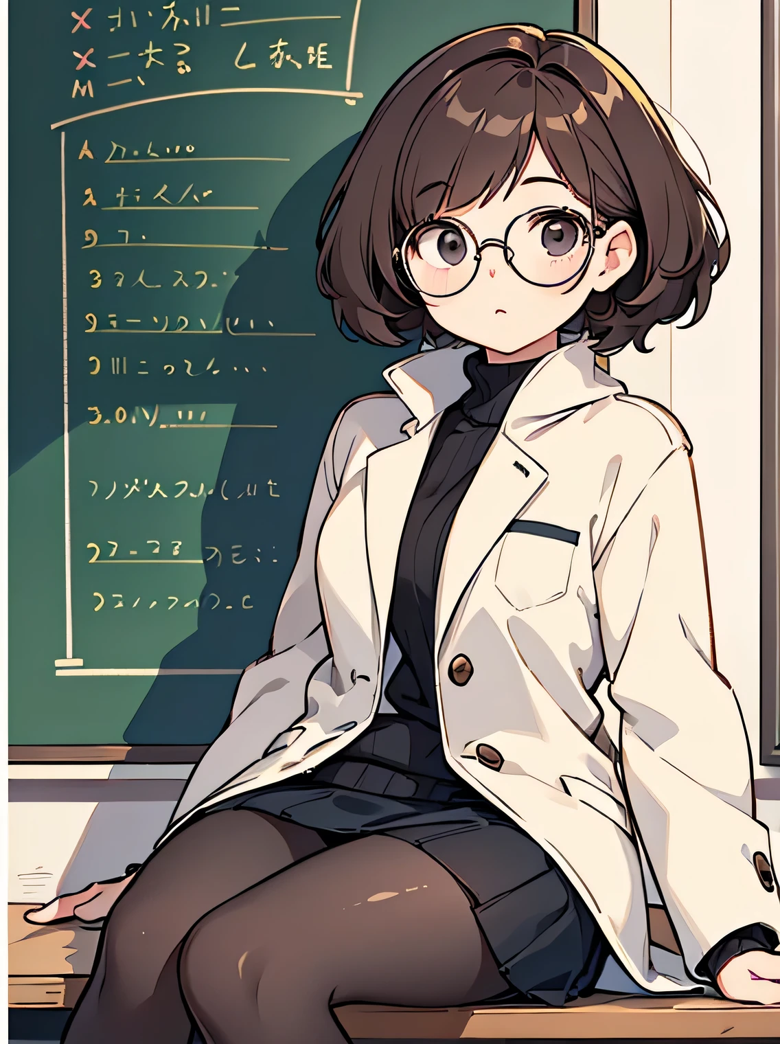 (best quality, highres, realistic:1) One woman, painted from the knees up, kawaii, comical, 25 year old scientist, unsure face, sleepy eyes, shiny black eyes, round glasses, brown hair in a fluffy bob cut with a strong perm, researcher's white coat, black sweater inner, short tight skirt, nothing over her head, writing in chart with pen, chemical lab in the background.
