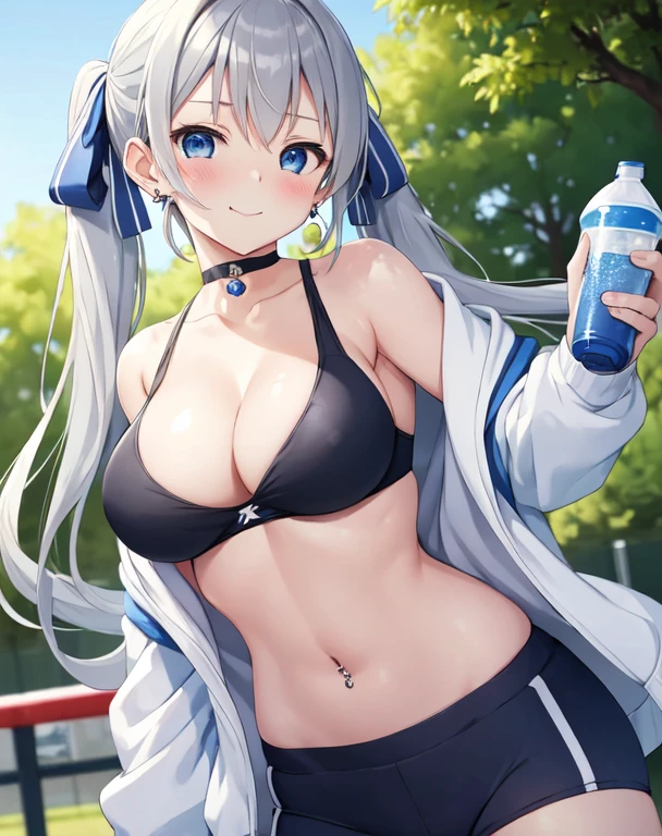 (((masterpiece))), ShizukaMikazuki, One Girl, alone, Looking at the camera, Long Hair, Gray Hair, Long sleeve, Cleavage, Very large breasts, Mature Body,Adult face,clavicle, Jacket, Open clothes, open Jacket, blue hoodie, Black sports bra, Black hot pants, choker with a charm,Play sports often,bicycle,Clear light blue eyes, Blushing,High Twintails,Navy blue ribbon,smile,Troubled expression,Earrings,Golden navel piercing,Park at dusk, Holding a sports drink