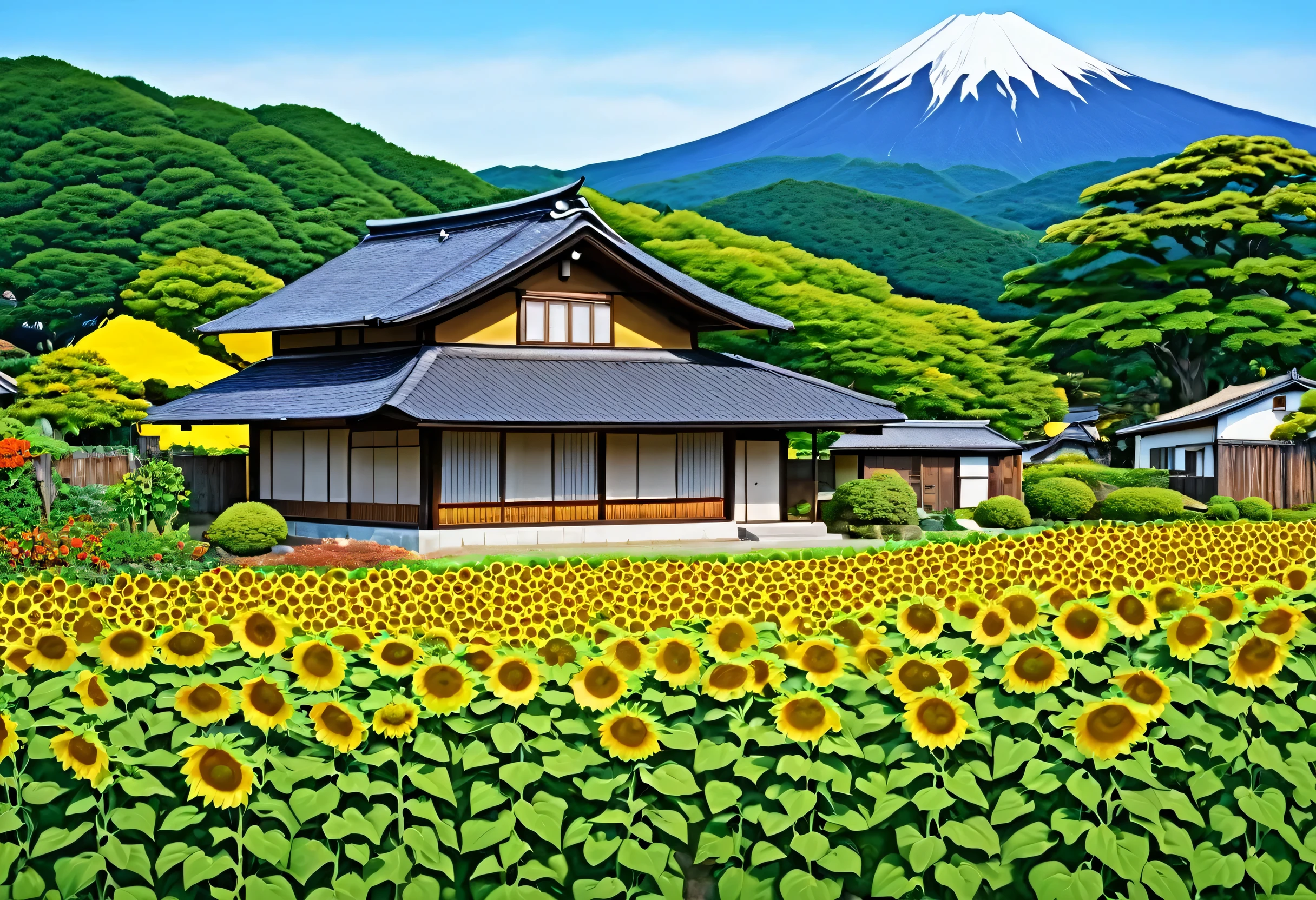 A small house with sunflowers and a garden in the background, Painting by Taiyo Matsumoto, Pixabay, creation, Detailed Landscape — Width 672, House in the background, Japanese House, Japanese countryside町, Village house, photograph, Houses, shops and buildings, Flat Illustration, Japanese countryside, Width 768