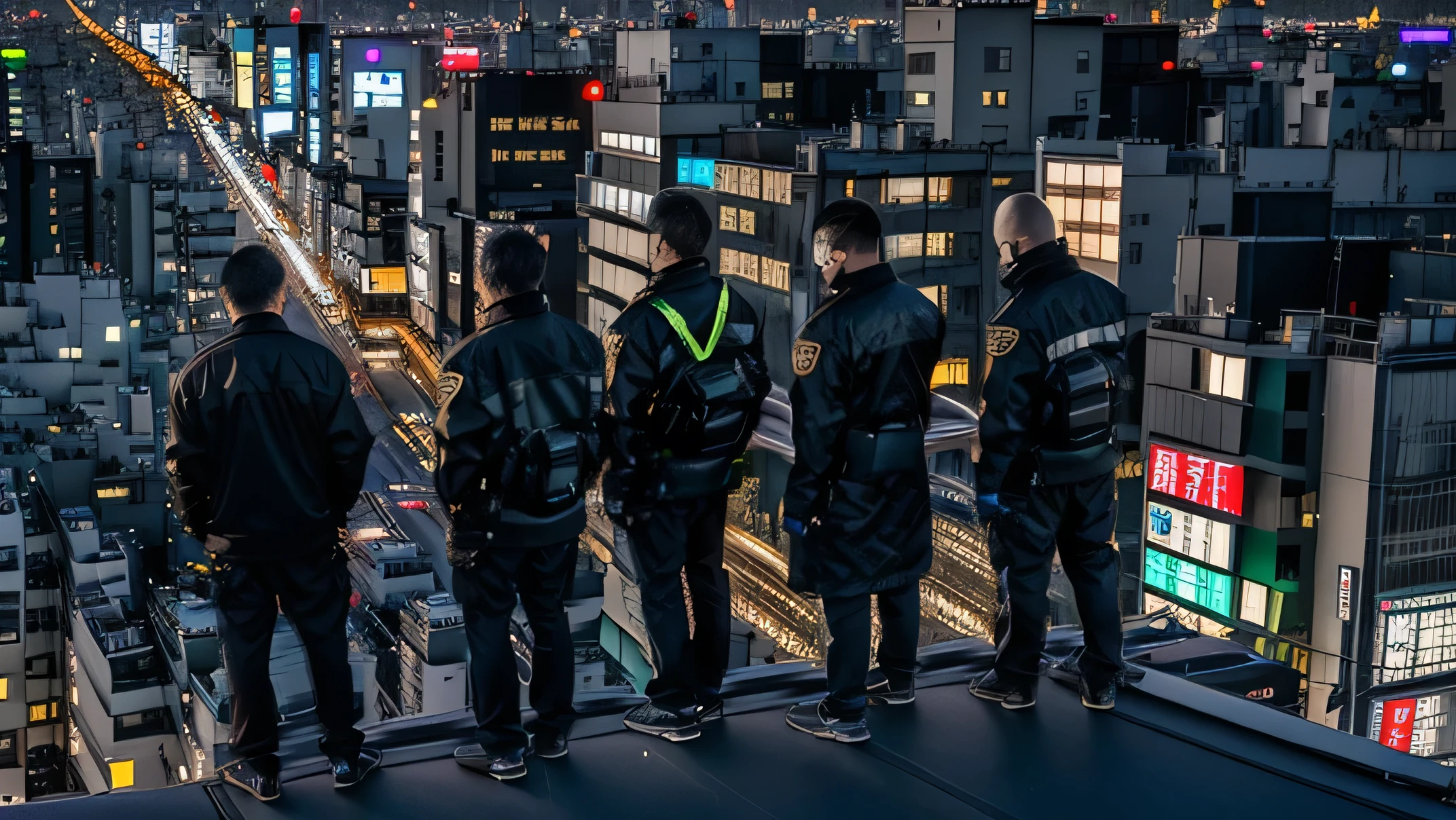 5 people standing on the windowsill,Look at the city at night, Standing on the roof, Standing on the roof of a skyscraper, Standing on the roof, On the rooftops of Tokyo at night, City night visual effects, Movie promotional images, Overlooking the modern city, Looking at the city, on tokyo cyberpunk night rooftop, in a future city, Tokyo night rooftop