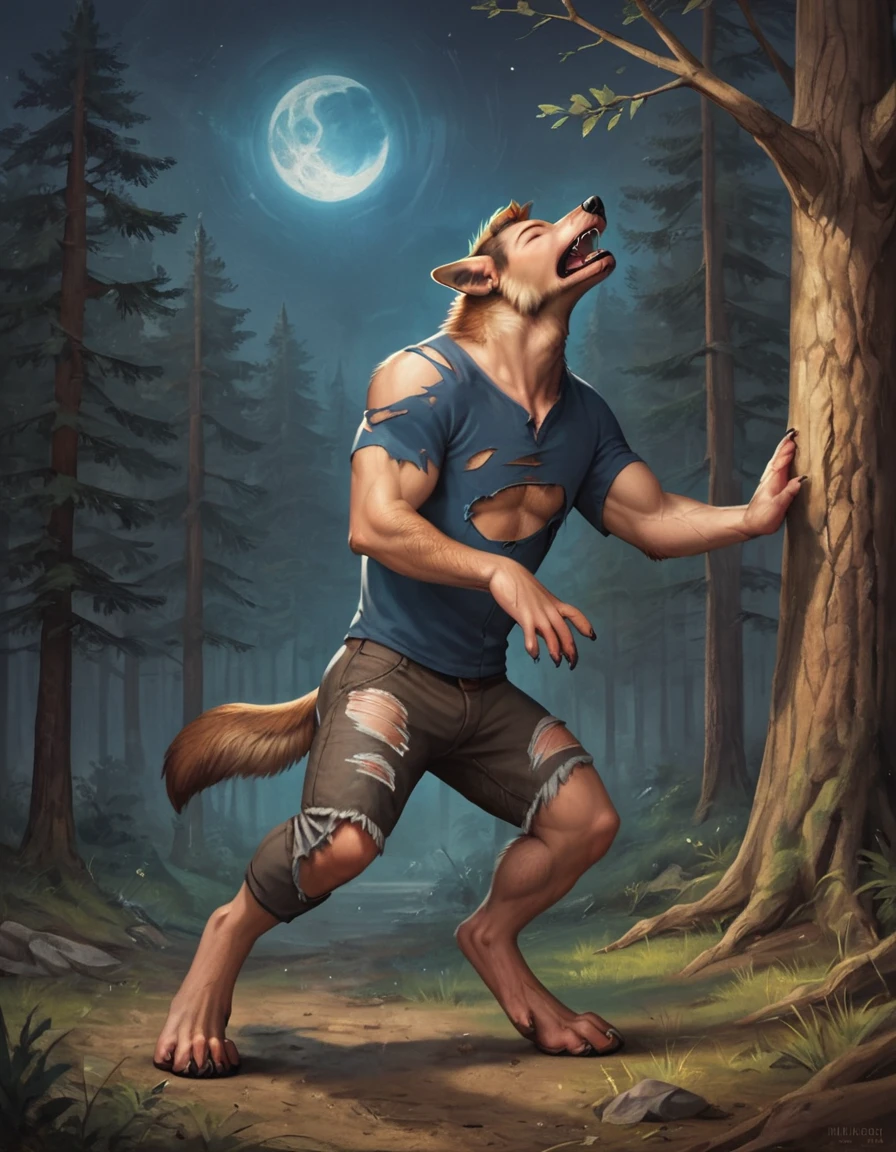 score_9, score_8_up, score_7_up, score_6_up, score_5_up, score_4_up, (solo), male wolf mid transformation, solo, masterpiece, best art, digitigrade, torn pants, torn shirt, detailed hands, detailed eyes, detailed torso, forest, howling expression, transformation, human face, night, moon, closed eyes, howling up, muscular