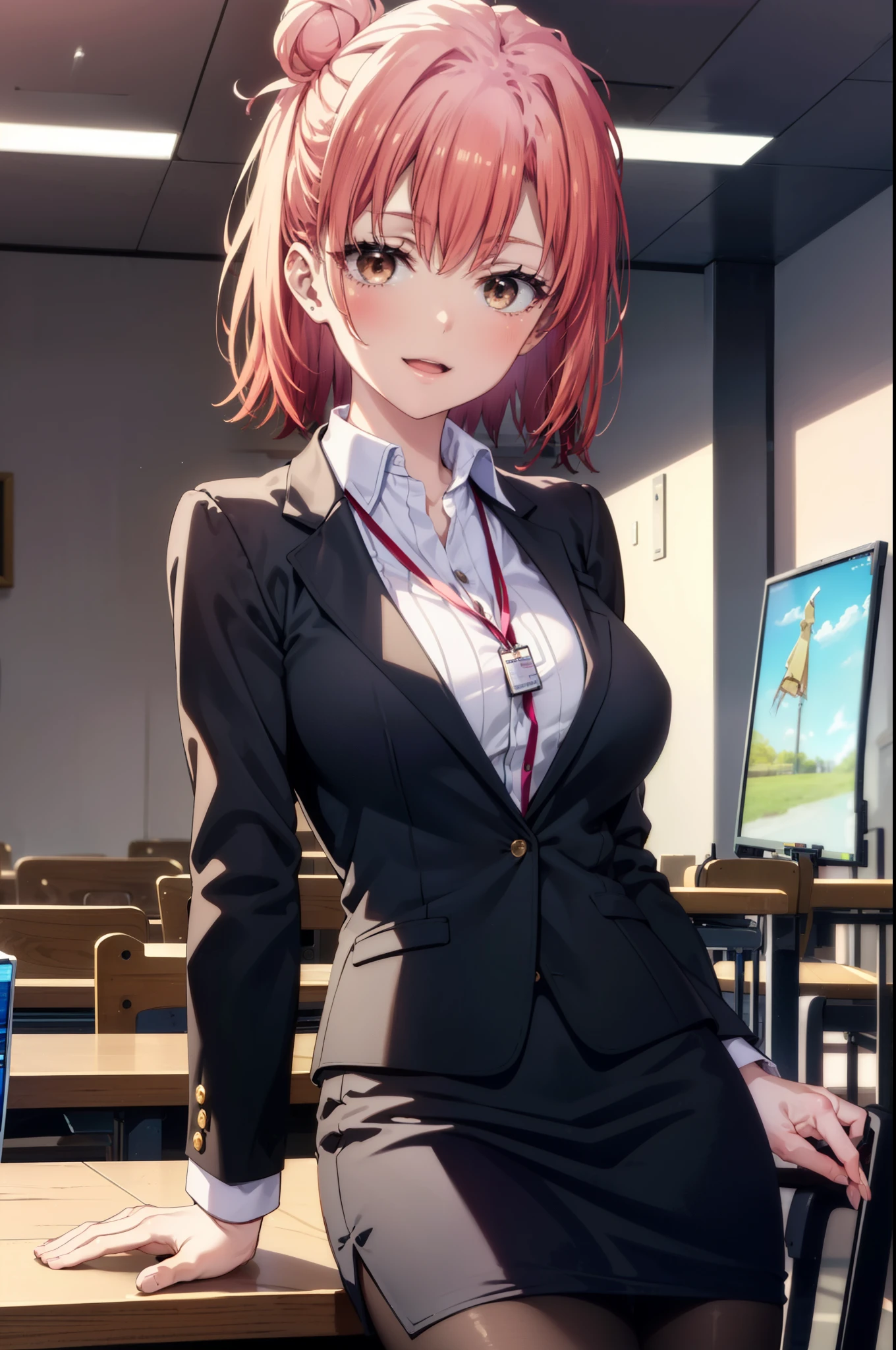 yuiyuigahama, yui yuigahama, short hair, (Brown eyes:1.5), (Pink Hair:1.2), Hair Bun, single Hair Bun, smile, (Big Breasts:1.2),happy smile, smile, Open your mouth,
, OL, Black suit jacket, Collared jacket, White dress shirt, Collared shirt, Neckline, button, strap, ID card on the neck, Black pencil skirt, Black pantyhose, Stiletto heels,interior,sitting cross-legged on a chair、There is a computer on the table,touch typing,interior昼間,Clear skies,
break indoors ,office,　　　　　　　　　　　　　　　break looking at viewer, (Cowboy Shot:1.5),
break (masterpiece:1.2), highest quality, High resolution, unity 8k wallpaper, (shape:0.8), (Fine and beautiful eyes:1.6), Highly detailed face, Perfect lighting, Highly detailed CG, (Perfect hands, Perfect Anatomy),