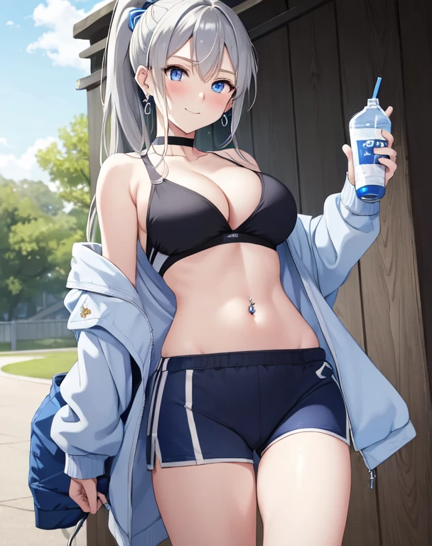 (((masterpiece))), ShizukaMikazuki, One Girl, alone, Looking at the camera, Long Hair, Gray Hair, Long sleeve, Cleavage, Very large breasts, Mature Body,Adult face,clavicle, Jacket, Open clothes, open Jacket, blue hoodie, Black sports bra, Black hot pants, choker with a charm,Play sports often,bicycle,Clear light blue eyes, Blushing,High Ponytail,Navy blue ribbon,smile,Troubled expression,Earrings,Golden navel piercing,Park at dusk, Holding a sports drink