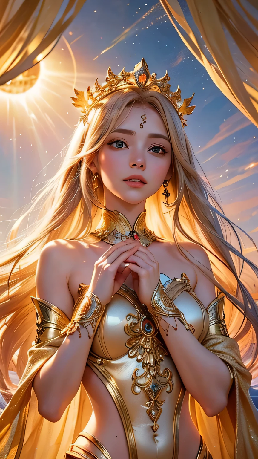 "Maiden of the Sun": Within a sacred sanctuary bathed in sunlight, depict the figure of a sun goddess, facing forward and emanating divine radiance, with golden hair, as she gazes towards us. Zoom in to focus on her face, with light orbs gleaming in her hands, representing the life-giving power of the sun. The background should be predominantly pink, evoking a sense of divine splendor. The setting is in heaven, enveloped in soft, bright light, where one can find tranquility and peace of mind, free from any trace of anxiety. Additionally, the light emanating from her hands should take the form of radiant hearts, resting gently on the palm of her hands.