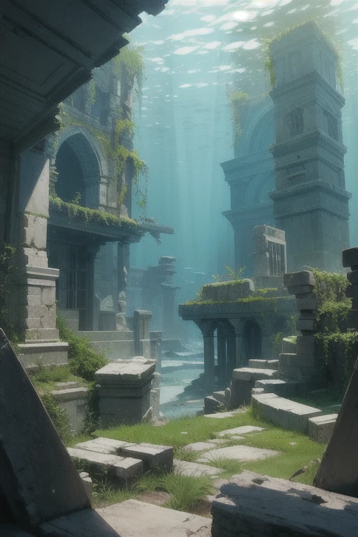 Overgrown sea plant life, Atlantis ruins,