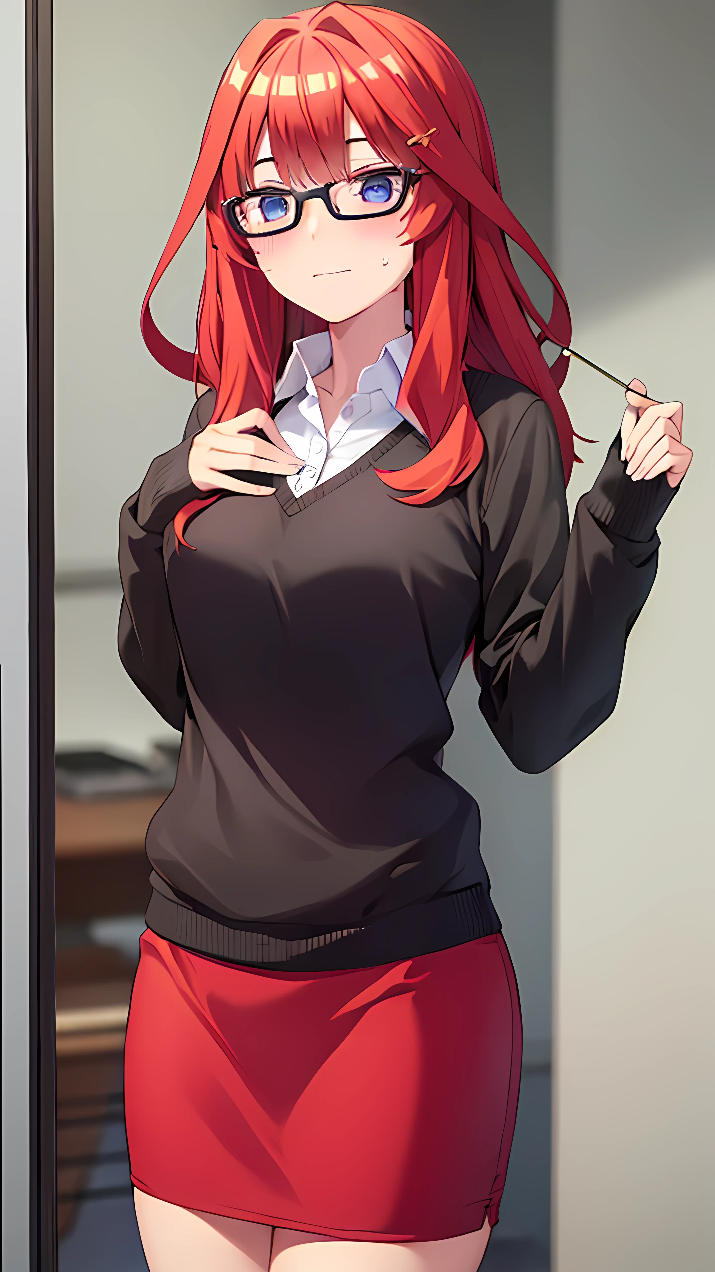 , , estilo mksks, antecedentes detallados, 1 chica, alone, Itsuki Nakano, Envejecido, mujer madura, adorno para el cabello estrella, pelo largo, cabello rojo, ahogo, golpes, cabello ojos asombrosos, cola de caballo, blue eyes, pechos grandes , chica de oficina, gafas rojas, abajo, chaqueta de traje negro, chaqueta con cuello, camisa de vestir blanca, camisa de cuello, escote, botones, acollador, ID card on the neck., Black pencil skirt, pantimedias negras, sonrisa, rubor, mirando al espectador,Punto de vista(desde abajo), Seductor, avergonzado, oficina, escritorio, computadora, interior, ((sweat rubor, pechos grandes, cintura media, Caderas anchas, muslos medianos, buena anatomia buenas manos