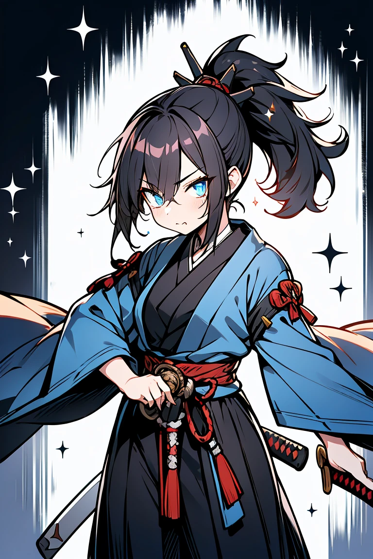Japan,Dark Background, Wrapped in a black mist, Katana ,Samurai, victory, Draw your sword, Sharp upward glance, Glare, Slanted mouth, Cowboy Shot,((Very detailed,highest quality, High resolution, 8k wallpaper, Beautiful new clothes,)),((Black Hair, ponytail,Messy Hair)), Blowing in the Wind, eye shadow, eyeliner,Glow Eye, Very detailedな目, Beautiful new eyes, ((Sparkling blue eyes))
