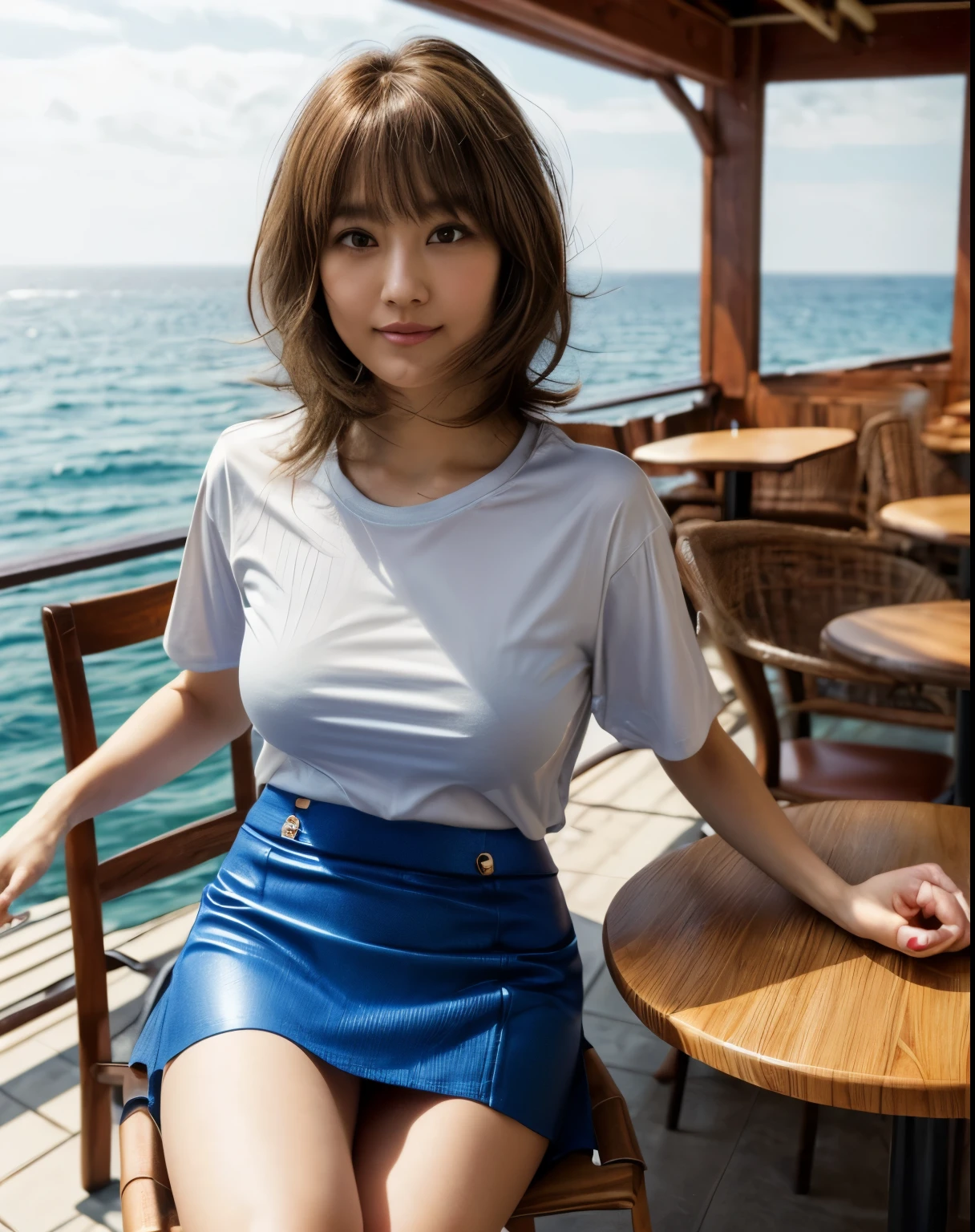 Soft Light, (((Medium Hair:1.3), Short bangs, Floating Hair NovaFrogStyle)), ((ultimate beautiful wife)), 20th Generation, Detailed eyes, (Big eyes:1.3), Lip details, Very detailedな顔, Beautiful and detailed nose, Long eyelashes, ((Big and ample breasts)), Realistic face, Realistic body, Beautiful thighs, (Transparent T-shirt:1.3)、(Blue tight micro mini skirt:1.4)、The chest is wide open、You can see the whole body up to the toes.、stockings、(Sit cross-legged on a chair:1.3), With background:((Cafe with an ocean view, Kobe))、(RAW Photos, highest quality), (Realistic, Photorealistic:1.3), Very detailed, A light smile, Very detailed, High resolution