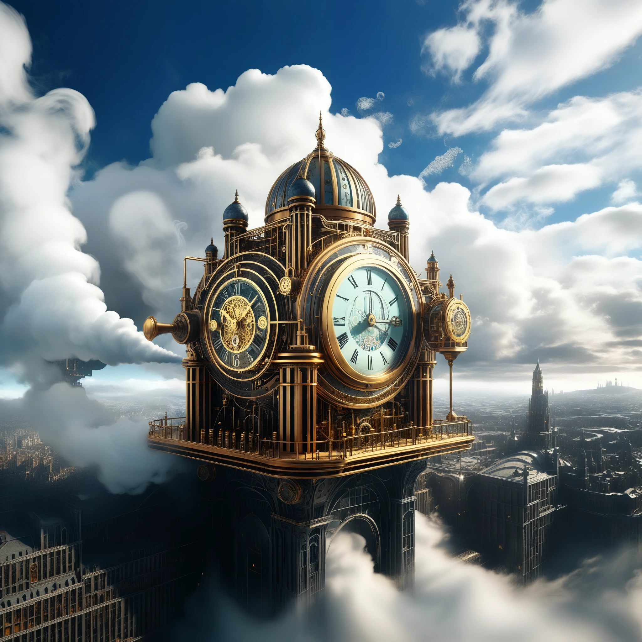 Amidst billowing clouds of steam, a cityscape of intricately crafted clockwork and advanced AI beckons, a testament to human ingenuity.