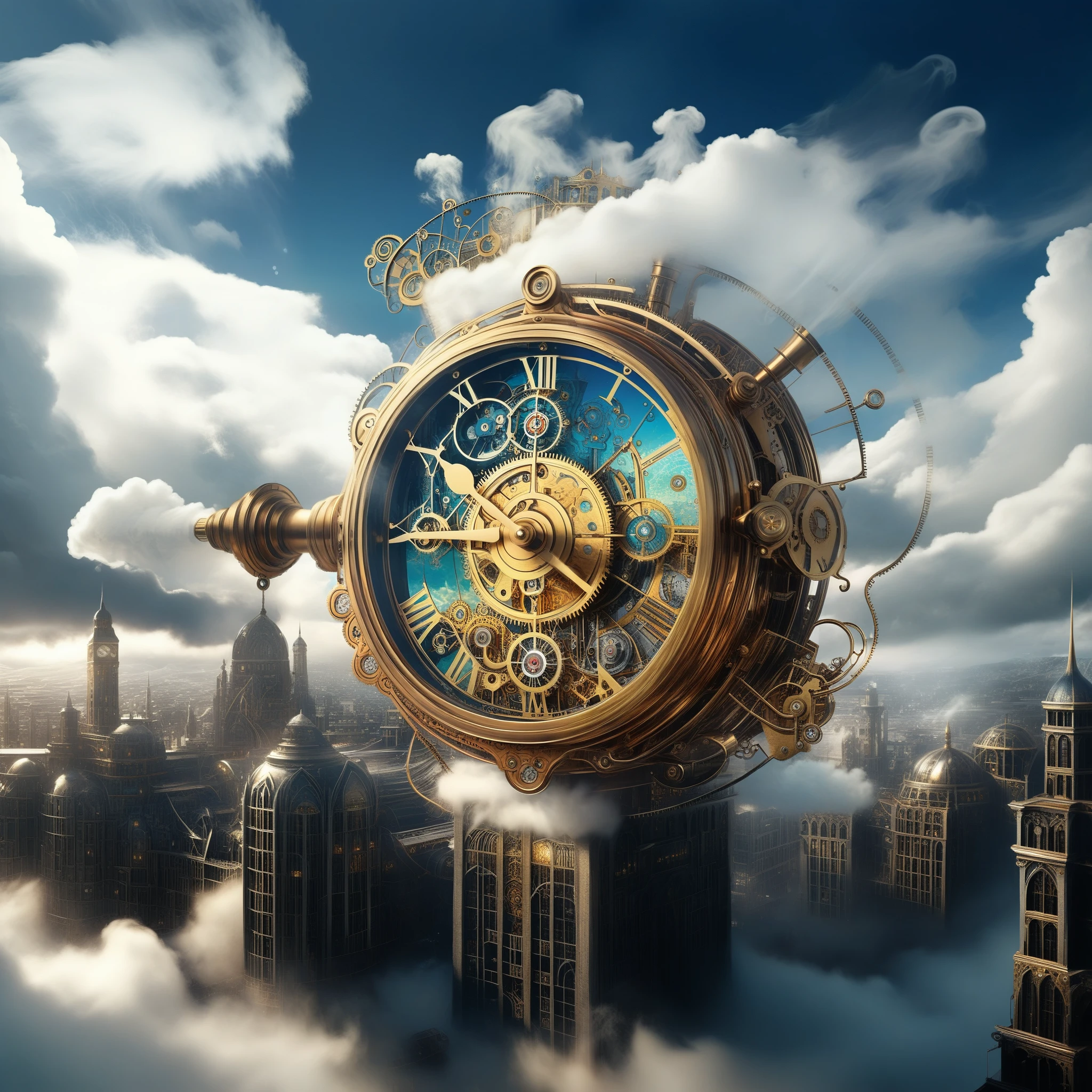 Amidst billowing clouds of steam, a cityscape of intricately crafted clockwork and advanced AI beckons, a testament to human ingenuity.