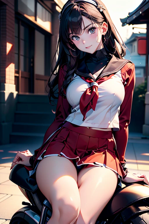 ((Masterpiece, top quality, high resolution)), ((extremely detailed CG unified 8K wallpaper)), (huge stunning goddess shot, very hot and sexy, jaw dropping beauty, perfect proportions, beautiful body, slim body beauty:1. 4), ((Close-up of Japanese high school girl on motorcycle)), wearing high school sailor uniform with red scarf, urban morning scene, (short skirt, long sleeve sailor suit, white socks), detailed skin, visible thighs, dynamic composition, speedy, Motion Blur, Blurred Background, detailed face 