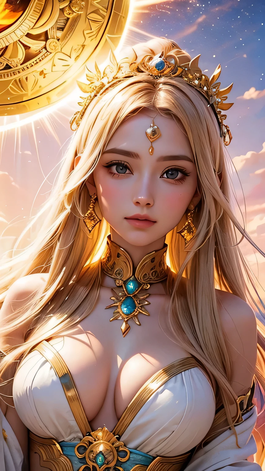 "Maiden of the Sun": Within a sacred sanctuary bathed in sunlight, depict the figure of a sun goddess, facing forward and emanating divine radiance, with golden hair, as she gazes towards us. Zoom in to focus on her face, with light orbs gleaming in her hands, representing the life-giving power of the sun. The background should be predominantly pink, evoking a sense of divine splendor. The setting is in heaven, enveloped in soft, bright light, where one can find tranquility and peace of mind, free from any trace of anxiety. Additionally, the light emanating from her hands should take the form of radiant hearts, resting gently on the palm of her hands.