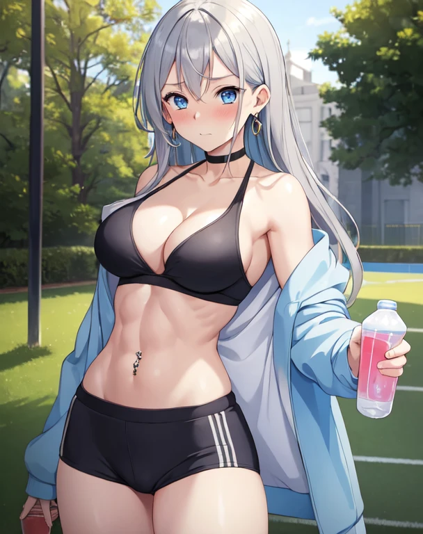 (((masterpiece))), ShizukaMikazuki, One Girl, alone, Looking at the camera, Long Hair, Gray Hair, Long sleeve, Cleavage, Very large breasts, Mature Body,Adult face,clavicle, Jacket, Open clothes, open Jacket, blue hoodie, Black sports bra, Black hot pants, choker with a charm,Play sports often,bicycle,Clear light blue eyes, Blushing,Embarrassed expression,Faintly visible abs,Earrings,Golden navel piercing,Park at dusk, Holding a sports drink