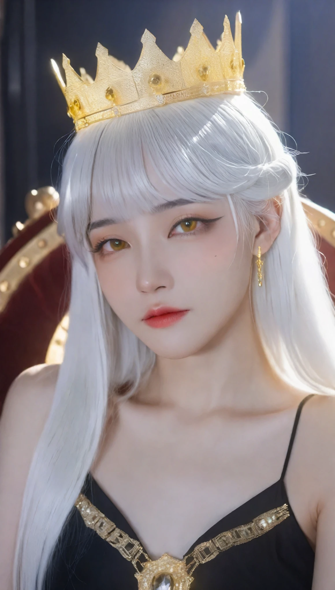 A cinematic masterpiece, this ultra-detailed illustration features a solo female with a perfect body, white hair, and glowing yellow eyes. She’s dressed in black see-through clothes, embodying an emperor, and adorned with a prominent crown. She sits on a throne, her eyes slightly closed and looking downward, shyly turning her head. The scene is illuminated with the best cinematic lighting, highlighting her delicate and beautiful features. The makeup is striking, adding to the high contrast and colorful ambiance of the image, captured from a low angle for a dramatic effect.