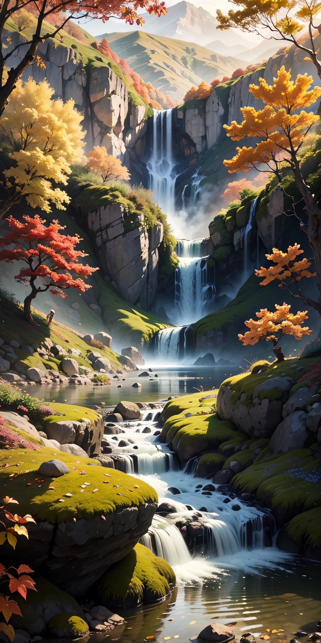 Top quality、Top image quality、masterpiece、Small waterfall floating in the valley,Beautiful autumn leaves