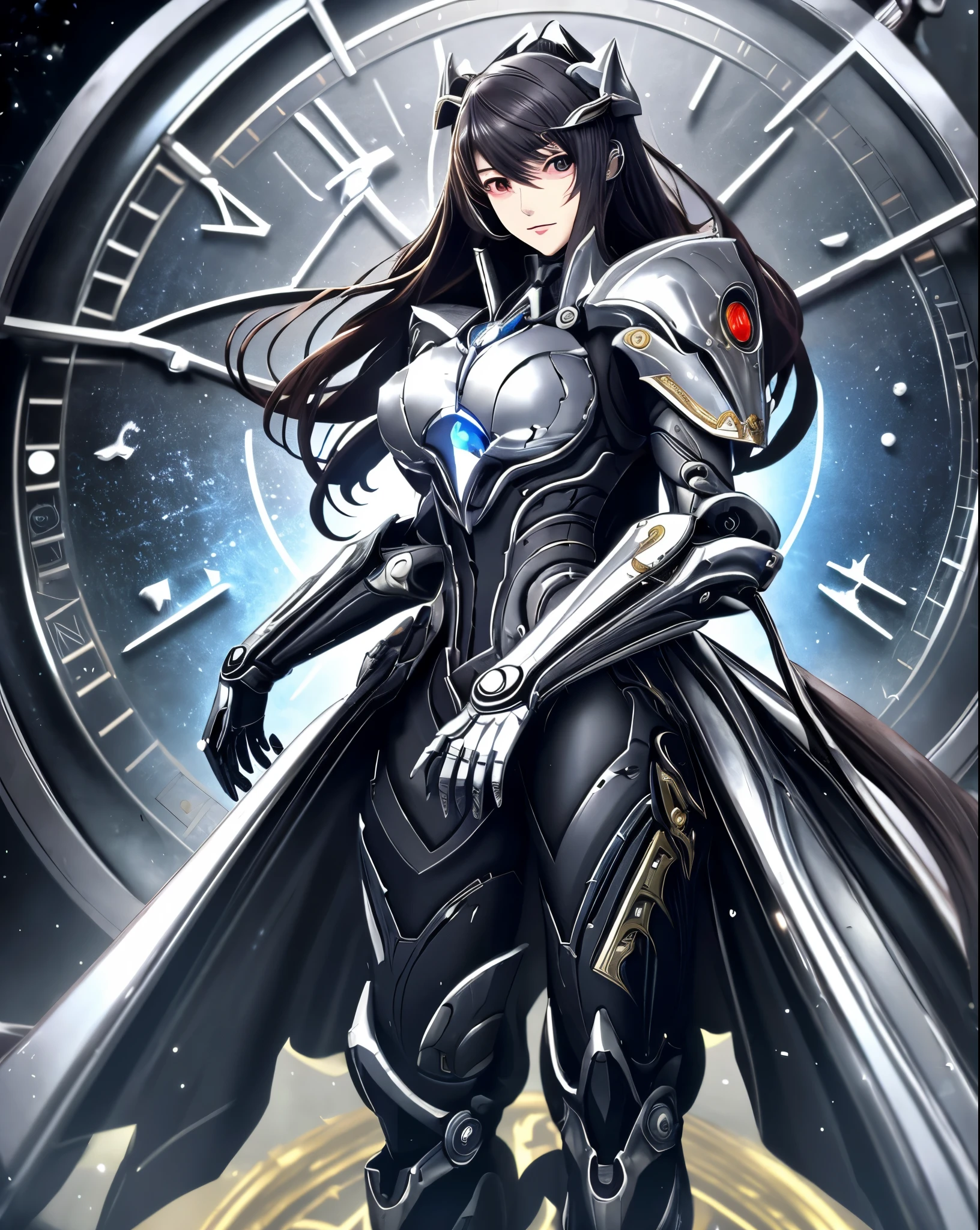 anime character with a clock in the background, best anime 4k konachan wallpaper, warframe art, detailed key anime art, exquisite warframe fanart, 8k hd wallpaperjpeg artifact, 8 k hd wallpaperjpeg artifact, anime epic artwork, high detailed official artwork, anime mecha aesthetic, covered in full silver armor, detailed warframe fanart