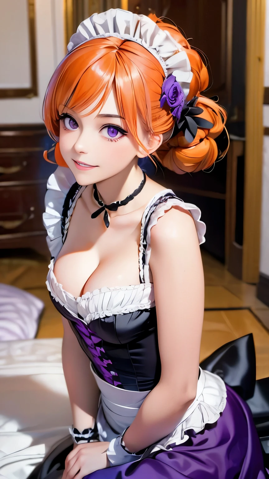 masterpiece, best quality, 1girl, purple eyes, orange hair,maid headdress, maid,