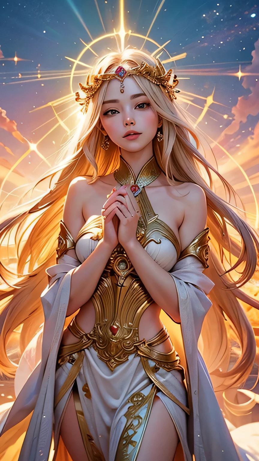 "Maiden of the Sun": Within a sacred sanctuary bathed in sunlight, depict the figure of a sun goddess, facing forward and emanating divine radiance, with golden hair, as she gazes towards us. Zoom in to focus on her face, with light orbs gleaming in her hands, representing the life-giving power of the sun. The background should be predominantly pink, evoking a sense of divine splendor. The setting is in heaven, enveloped in soft, bright light, where one can find tranquility and peace of mind, free from any trace of anxiety. Additionally, the light emanating from her hands should take the form of radiant hearts, resting gently on the palm of her hands.