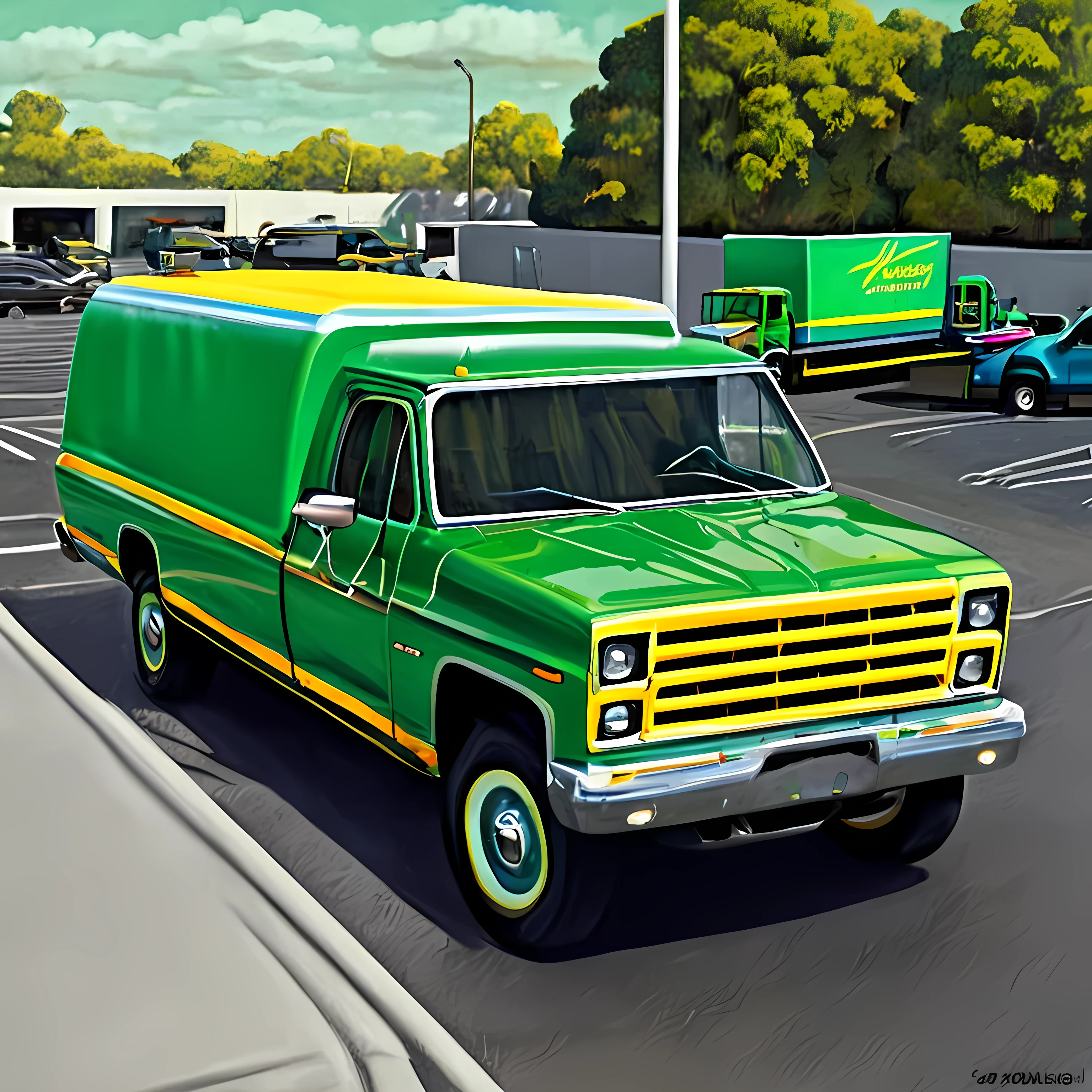 there is a green truck with a yellow stripe parked in a parking lot, low detailed. digital painting, adventure hyper realistic render, striking detailed artstyle, realistic paint job, high detail digital painting, detailed 2d illustration, stylized digital illustration, highly detailed hyper real retro, ultra realistic 3d illustration, cel shaded pbr, digital painting highly detailed