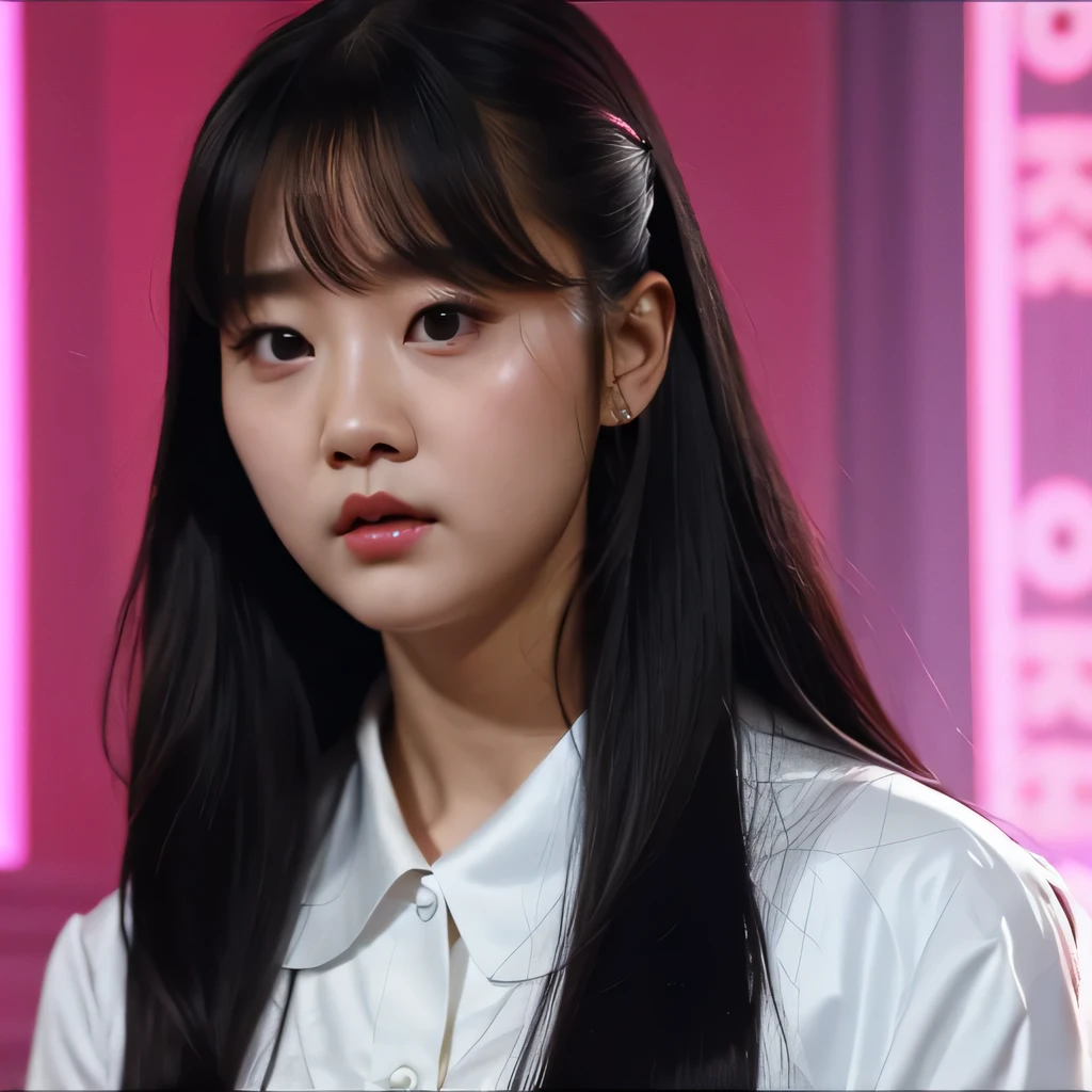 arafed college student with long black hair and a white shirt,（（（Purple-pink clothes））） she has a distant expression, iu lee ji-eun as a super villain, but a stern look about her, she has a cute expressive face, young wan angel, girl next door innocent look, high drama, sideways glance, kwak ji young, movie screencap, handsome girl, innocent look, brilliant, 1girl, solo