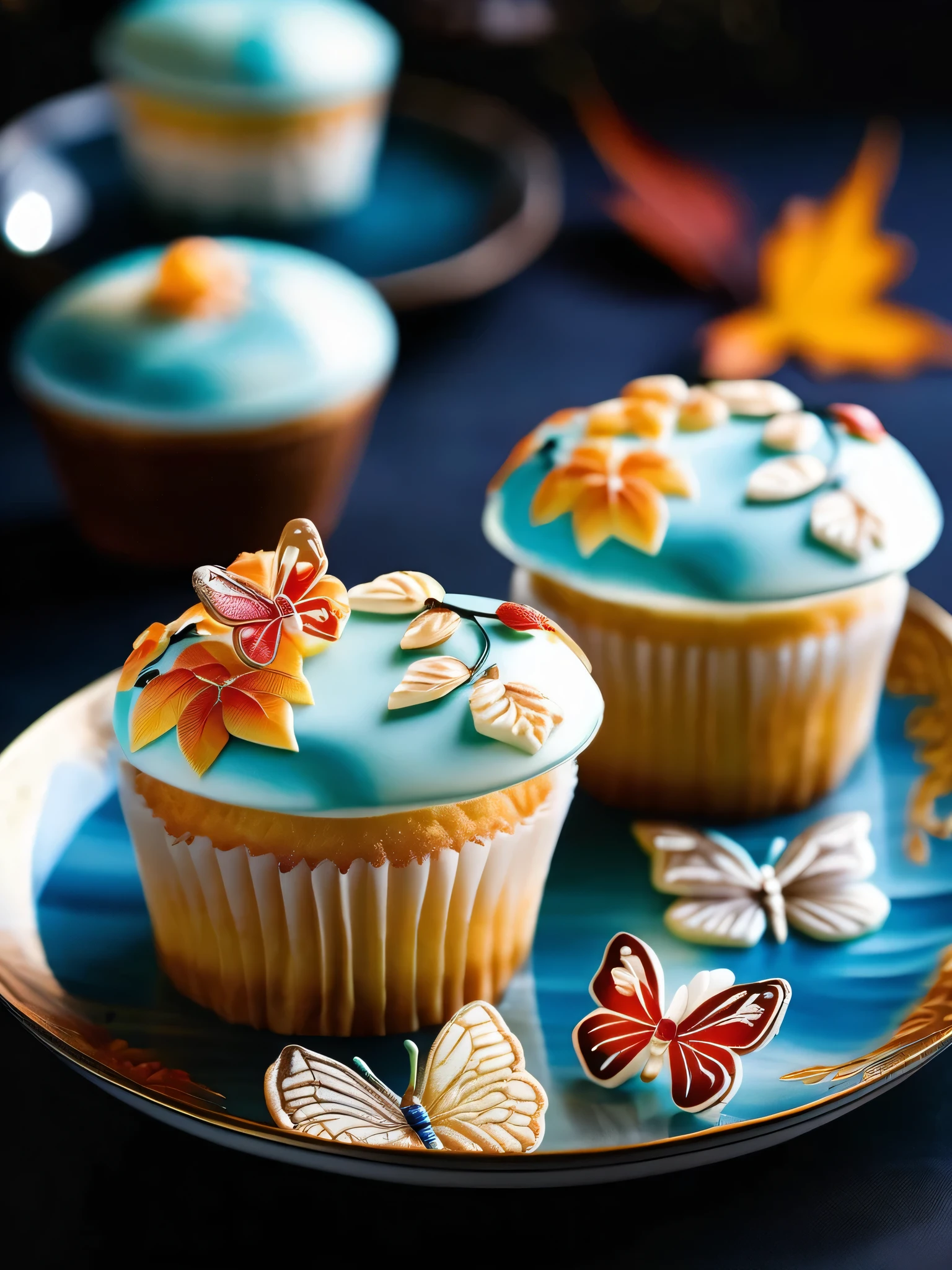 (Crystal cake on a crystal clear blue bone china plate), (Cupcakes:1.37), Translucent brioche rolls,It has a soft brown and light yellow tone, Reminiscent of a Chinese landscape painting.Dark background, Delicately served on a beautiful rococo plate, The cake roll is decorated with beautiful autumn leaves and butterflieorango,the fruitolten liquid,Looks lifelike. The traditional Chinese style of painting shows the precise details, and HD, The surreal visuals are almost 8K quality. The fluffy and light cake texture is complemented by a unique and intricate pattern, designs, The soft watercolor effect evokes natural beauty.