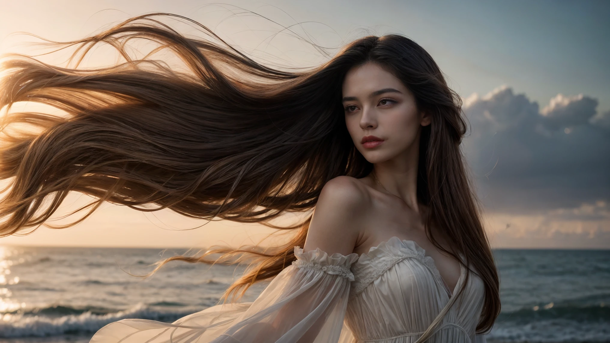 envision a radiant woman graced with luxuriously long hair, elegantly attired in a cocktail dress. Her locks are not merely long but exceptionally so, each filament animated by a relentless breeze. As the wind weaves through her hair, it creates a dynamic display of airborne strands, each highlighted against the backdrop by expert backlighting. The scene captures the very soul of modeling photography, where the extraordinary length of her hair ebbs and flows like a natural element. This image, deeply rooted in the finesse of editorial photography, shows her hair not only being tousled by the wind but seeming almost weightless, as if each strand is momentarily suspended mid-air, a testament to the invisible force surrounding her