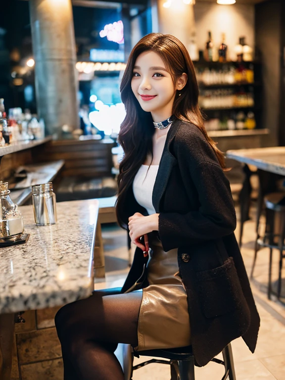 delicate，masterpiece，beautiful details，very colorful，exquisite details，delicate 입술，the details are complicated，big bust，one woman，（Beautiful 20 year old cute Korean woman：1.1），（kpop idol，Korean Mixed Race），（50mm sigma f /1.4 Zeiss lenses, f1.4, 1/800s, ISO 100, picture:1.1), (brown hair:1.2), (realistic:1.4), (spy:1.2), (open jacket,shirt, skirt,tic，black pantyhose，Christian Louboutin\(trademark\),:1.3),귀Nipple Ring,choker necklace,bracelet,(선bar,bar:1.2),(beautifulleg,Hi-Girl,thin,slim_leg,femur_gap,Model:1.2),lens flare，seen from the front，（smile with open lips：1.1），dynamic pose，（to put on make up：1.2），Leaning on the bar stool，