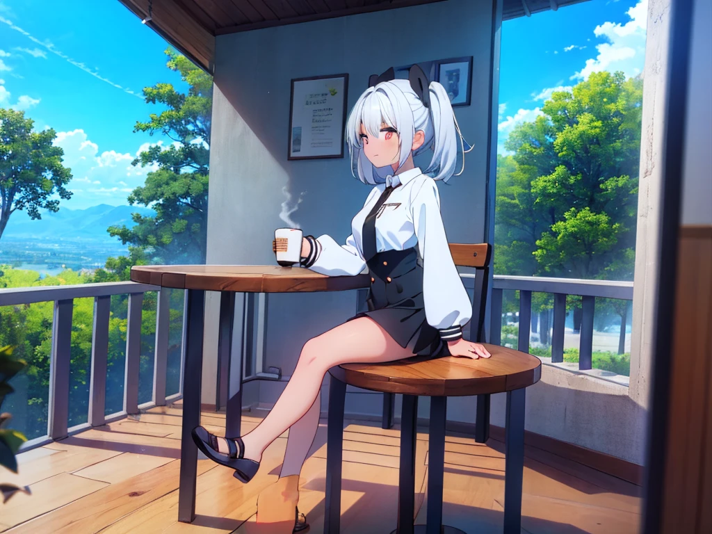 (((highest quality))),(((High resolution))),(((8k))),(((Cafe Terrace))),Forest Park,Sun Leaking Sun,Sit on a chair,looking away,coffee,table,solo,