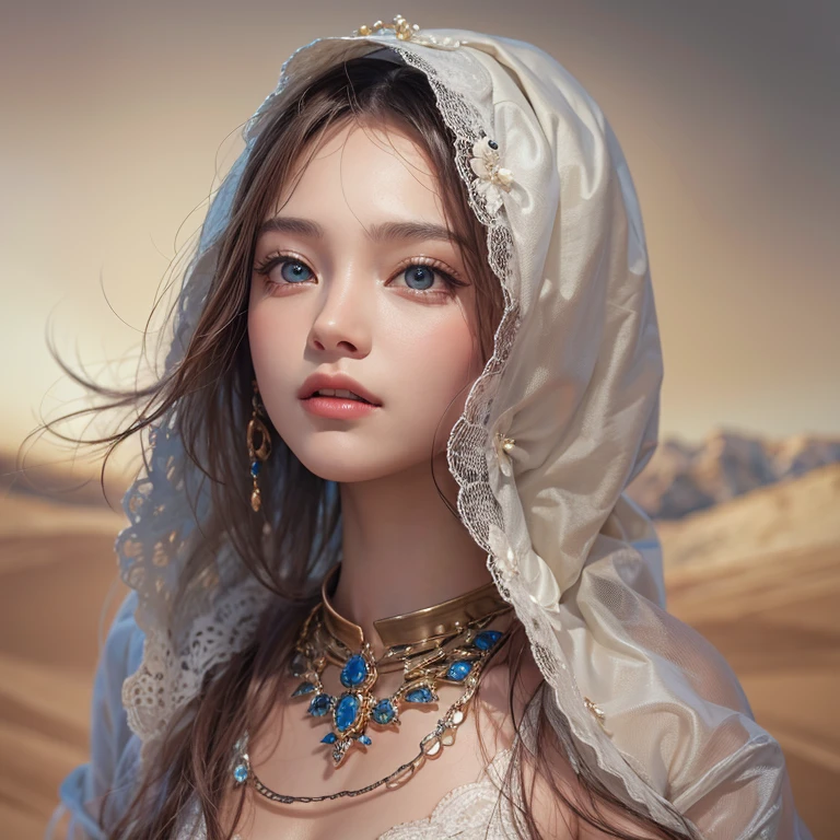 desert、Hair flows、 ((highest quality、masterpiece、8k、best image quality、ultra high resolution、Award-winning work)、(close-up of woman&#39;s face:1.35)、(close-up of naked face:1.3)、(accurate anatomy:1.1)、(look at me and smile:1.1)、Shining fair skin with ultra high resolution、most detailed face、ultra high resolution detailed face、ultra high resolutionの髪の毛、(ultra high resolutionの煌めく瞳:1.1)、Beautiful face drawn in every detail、(blurred background:1.1)、ancient Islamic clothes, chest together, tattoo 