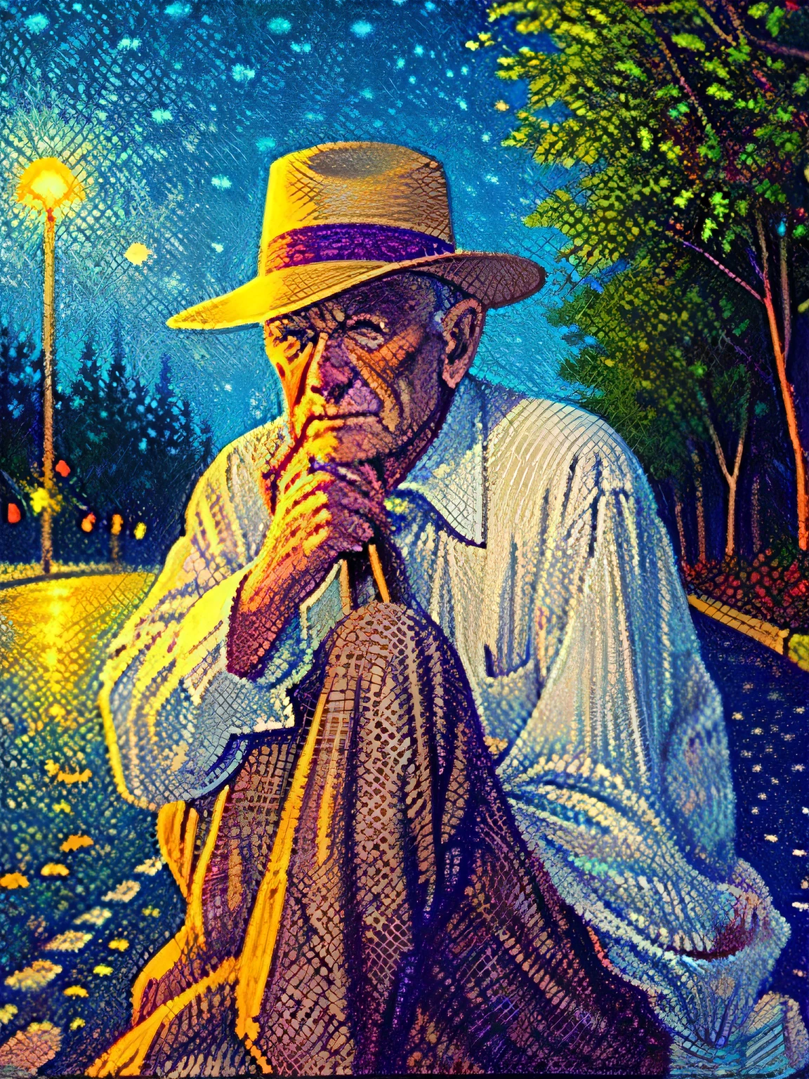 Generate a painting of an old man in a hat sitting on the road at midnight in the style of Paul Signac.