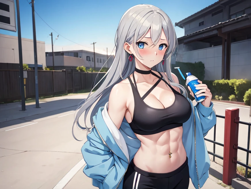 (((masterpiece))), ShizukaMikazuki, One Girl, alone, Looking at the camera, Long Hair, Gray Hair, Long sleeve, Cleavage, Very large breasts, Mature Body,Adult face,clavicle, Jacket, Open clothes, open Jacket, blue hoodie, Black sports bra, Black hot pants, choker with a charm,Play sports often,bicycle,Clear light blue eyes, Blushing,Embarrassed expression,Faintly visible abs,Earrings,Golden navel piercing,Park at dusk, Holding a sports drink