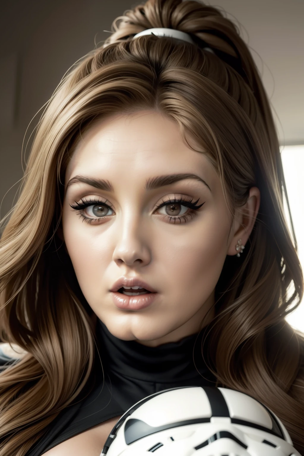 Lucy Pinder, face portrait, mouth open, chubby woman, very intense makeup, singing, ((Adele)), sexy woman, stormtrooper.