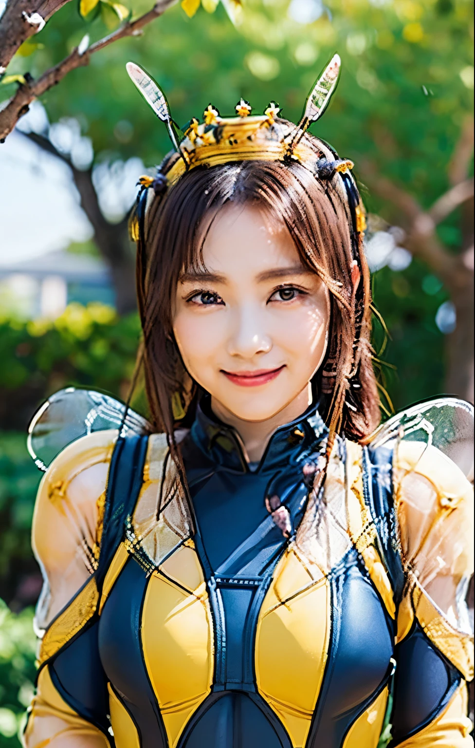 (high resolution,masterpiece,best quality,extremely detailed CG, anime, official art:1.4), realistic, photo, amazing fine details, all intricate, gloss and shiny,awesome many layers, 8k wall paper, 3d, sketch, kawaii, illustration,( solo:1.4), perfect female proportion,villainess, (fusion of queen bee and lady:1.4), (queen bee form lady:1.2), (queen bee lady:1.2), (fusion:1.2), (solo:1.4), (evil smile:1.2), muscular, abs, (queen bee exoskeleton bio insect suit:1.4), (cockroach brown exoskeleton bio insect armor:1.2), (brown transparency queen bee wing:1.4), (brown queen bee antennae:1.3),