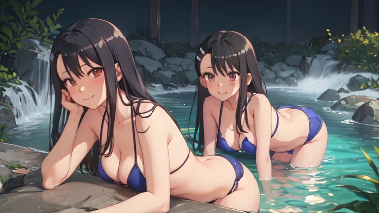 best quality, masterpiece, highres, duo, (nagatoro_hayase_donttoywithmemissnagatoro:1.10), 3girls, triplets, identical sisters, anime coloring, mole under eye, red eyes, looking at viewer, parody, portrait, smile, closed mouth, anime_style, 11, full body, sexy body, perfect body, large breasts, onsen, on all fours, blue and white bikini, outdoors 