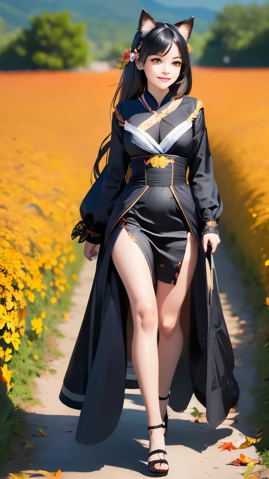 best quality, (masterpiece:1.35), wallpaper, (illustration), original, (depth of field), (1girl:1.35), (solo), full body, dynamic, detailed face,mature female, adult, (old:1.3), Medium breasts, Amused, happy,miko clothing, flower trim,absurdly long hair, black hair,dog ears volumetric lighting, fall leaves, Tyndall effect,