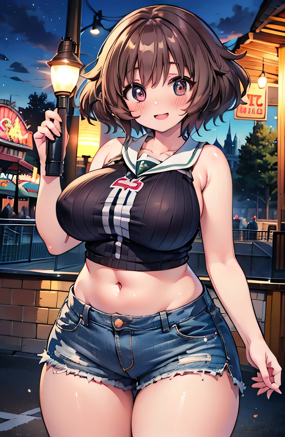 Anime illustration、highest quality、Short high school girl、Sporty tube top、hot pants、amusement park、Perfect proportions、overwhelmingly big breasts、Thick legs、Beautiful, shining eyes、Blushed、smile、Cowboy Shot