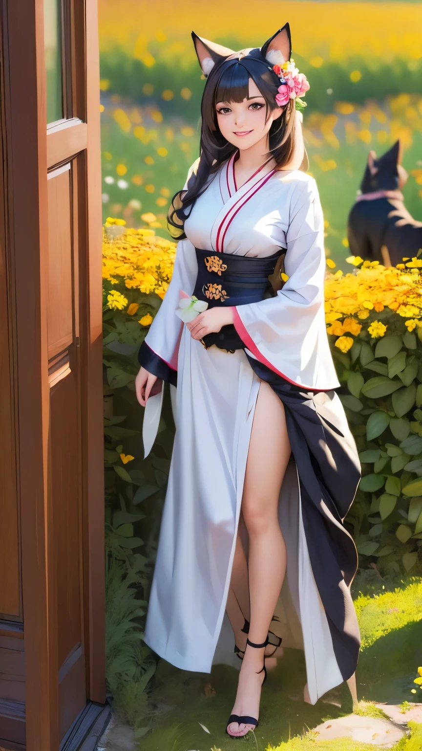 best quality, (masterpiece:1.35), wallpaper, (illustration), original, (depth of field), (1girl:1.35), (solo), full body, dynamic, detailed face,mature female, adult, (old:1.3), Medium breasts, Amused, happy,miko clothing, flower trim,absurdly long hair, black hair,dog ears volumetric lighting, fall leaves, Tyndall effect,